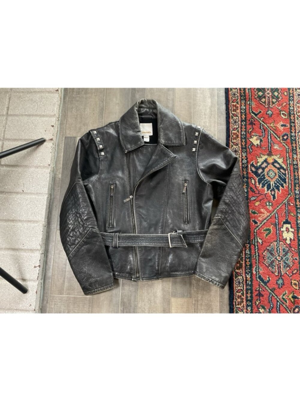 Diesel Goat Leather Moto Biker Jacket Studded Belted Black Gray Womens MED Y2K - Picture 15 of 15